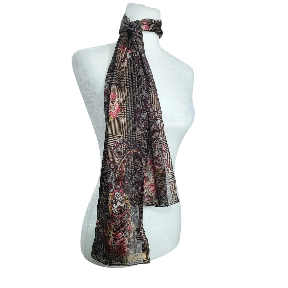 Lauren Ralph Lauren‎ 100% Silk Scarf Floral Paisley Brown Gold Rectangle Preppy